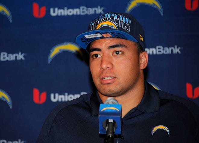 San Diego Chargers draft pick inside linebacker Manti Te'o, from Notre Dame, speaks at an NFL football news conference held at the Chargers facility Saturday in San Diego.