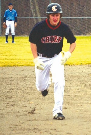 Cheboygan’s Zach Schley runs to third base during the first game of Monday’s doubleheader against Petoskey.