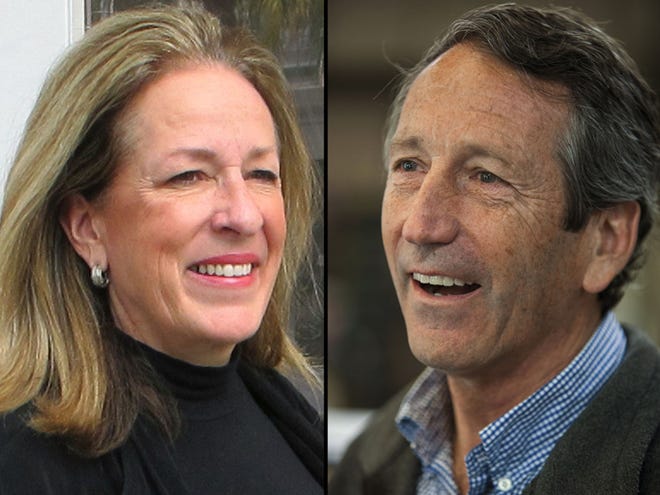 This photo combination shows Elizabeth Colbert Busch, left, posing outside her campaign headquarters on Feb. 13 in Charleston and Former South Carolina Gov. Mark Sanford speaking with reporters on April 22 at Hay Tire & Automotive in Mount Pleasant.