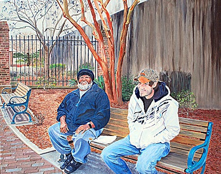 This painting of men on a bench is by artist Brenda Bennett.