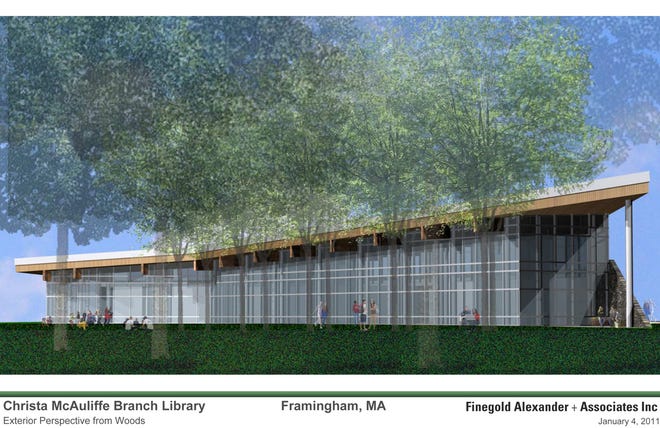 This artist drawing shows the proposed new McAuliffe branch library in Framingham.