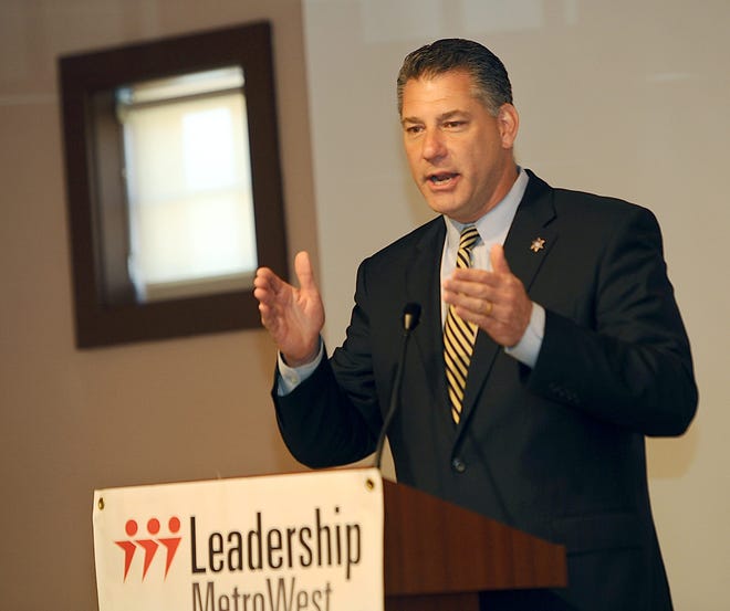 Middlesex Sheriff Peter Koutoujian speaks during the Leadership MetroWest spring networking breakfast at the Natick Community-Senior Center Wednesday.