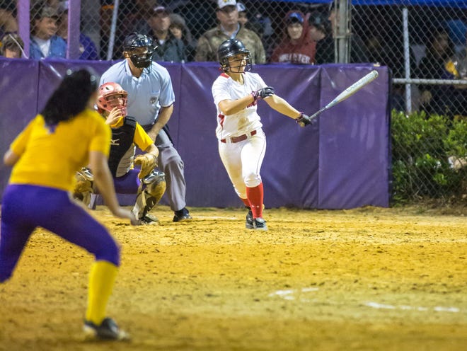 Lafayette junior Lydia Land connects on a grand slam in the sixth inning Friday vs. Bell. (Submitted photo by Jack Howdeshell)