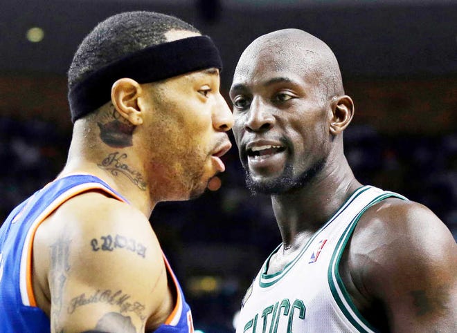 Boston Celtics center Kevin Garnett, right, has words with New York Knicks' Kenyon Martin during the first half in Game 4 of a first-round playoff series on April 28 in Boston. (Elise Amendola/AP)