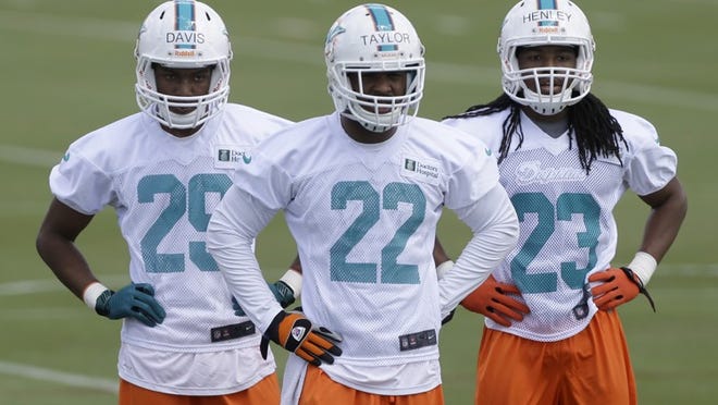 Miami Dolphins third-round draft pick cornerback Will Davis (29), second-rounder cornerback Jamar Taylor and minicamp invitee Donovan Henley (23) watch during the NFL football team's rookie minicamp in Davie, Fla., Friday, May 3, 2013. (AP Photo/Alan Diaz)