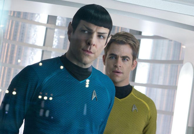 Zachary Qunto, left, and Chris Pine star in “Star Trek Into Darkness,” to be released in theaters May 17.