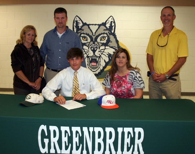 Austin Robinson held a letter-of-intent signing ceremony Monday, May 6, at Greenbrier High School to play baseball for Savannah State University. With him are his grandmother, Betty Robinson; father, Russell Robinson; mother, Robyn Kelley; and stepfather, Billy Kelley.