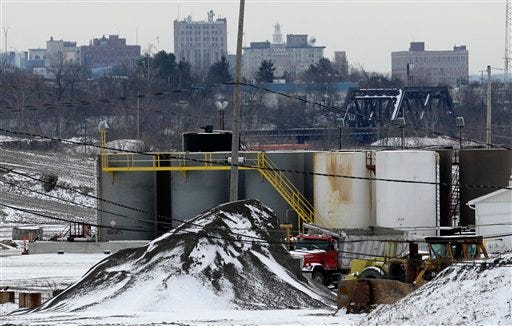 Quake zone: With the skyline of the city in the distance, a brine injection well owned by Northstar Disposal Services is seen in Youngstown, Ohio, in January 2011. The company has halted operations at the well, which disposes of brine used in gas and oil drilling, after a series of small earthquakes hit the Youngstown area. In Ohio, geographically and politically positioned to become a leading importer of wastewater from gas drilling, environmentalists and lawmakers opposed to the technique known as fracking are seizing on this series of small earthquakes as a signal to proceed with caution. 
 File photo by Amy Sancetta of The Associated Press