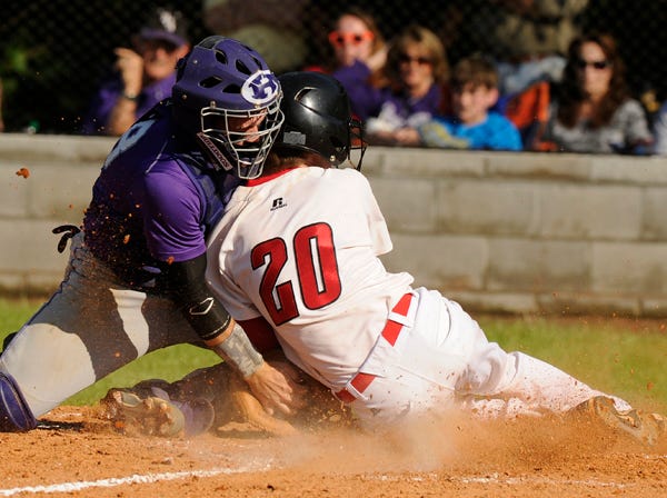 Westbrook Christian’s Jesse Brittain is out at home on the tag of Ranburne’s Clayton Young. Westbrook defeated Ranburne 11-0 and 5-1 Tuesday after losing the opener in the state high school Class 2A quarterfinal playoff series Friday.