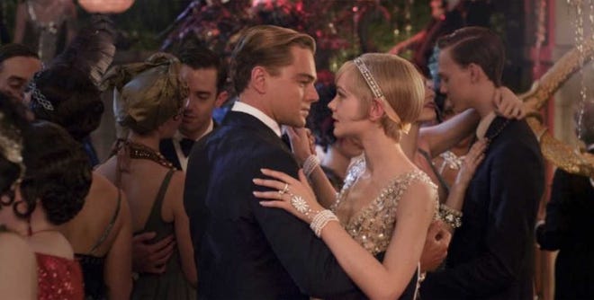 Leonardo DiCaprio and Carey Mulligan star in The Great Gatsby, based on the book by F. Scott Fitzgerald.