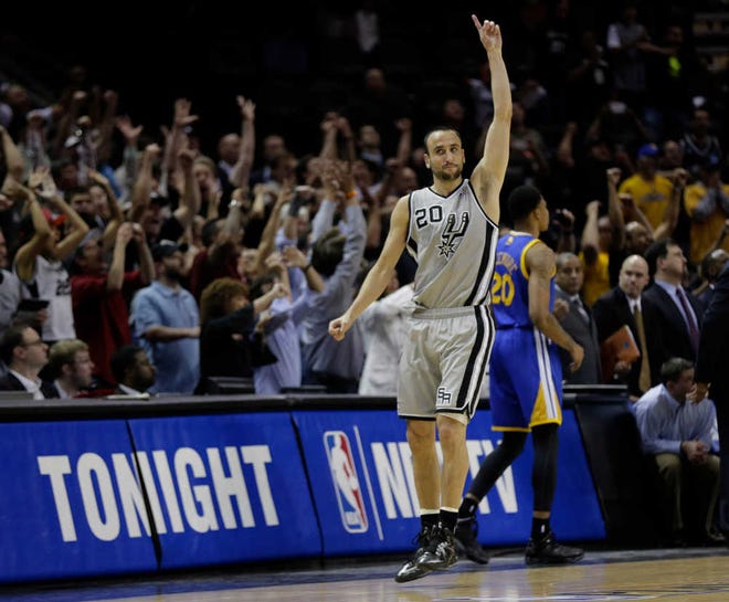 San Antonio Spurs' Manu Ginobili (20), of Argentina, reacts after scoring against the Golden State Warriors during overtime of Game 1 of a Western Conference semifinal NBA basketball playoff series, Tuesday, May 7, 2013, in San Antonio. San Antonio won 129-127 in double overtime. (AP Photo/Eric Gay)