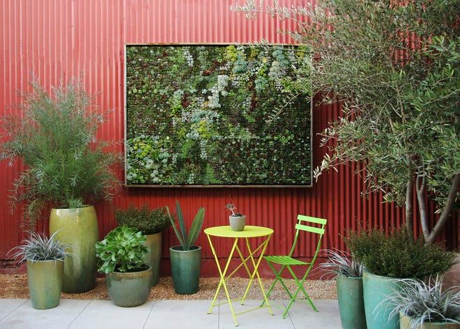 This undated publicity photo courtesy of Flora Grubb Gardens shows a large living succulent wall in an outdoor area at Flora Grubb Gardens in San Francisco. Living pictures, cuttings of assorted succulents woven together in everything from picture frames to pallet boxes, are hot among garden designers and landscapers this spring as an easy, modern way to add color and texture to an outdoor space. (AP Photo/Flora Grubb Gardens, Marion Brenner)