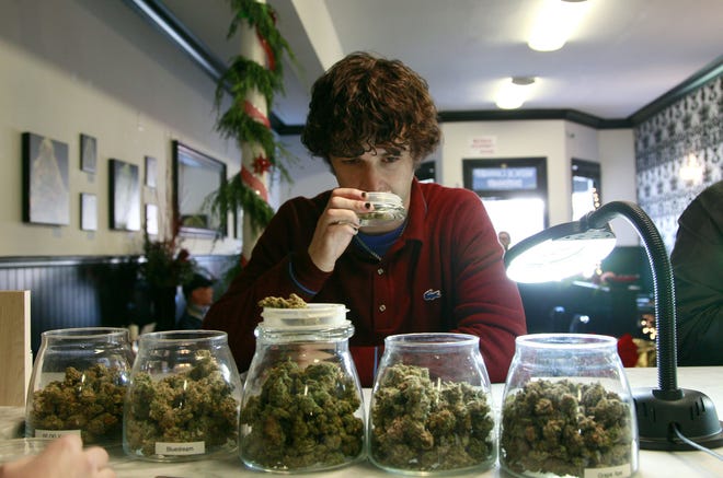 File - In this Dec. 15, 2011 file photo, medical marijuana patient Kevin Brown smells marijuana available at The Apothecarium Medical Cannabis Dispensary in San Francisco. California cities and counties can ban medical marijuana dispensaries, the state's highest court ruled Monday in a unanimous opinion likely to further diminish California's once-robust medical marijuana industry. The California Supreme Court said neither the state's voter-approved law legalizing medical marijuana nor a companion measure adopted by the Legislature prevent local governments from using their land use and zoning powers to prohibit storefront dispensaries.
