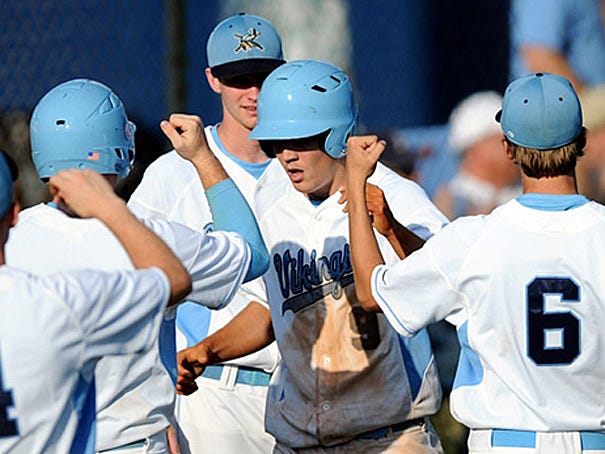 Jack Faircloth (9) celebrates a run with teammates as Hoggard High School hosts Pine Forest's baseball team in the opening round of the state playoffs Thursday May 9, 2013.