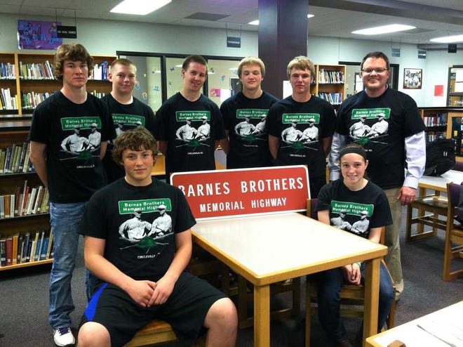 Seven Royal Valley High School freshmen are responsible for spearheading a project to get two highway signs installed near Circleville to memorialize Jesse and Virgil Barnes, brothers who grew up in the community and played Major League baseball in the 1910-20s. Standing from left are Derrick Barger, Weston Hasty, Jacob Hastings, Garrett Schultz, Nick Ehrhart and teacher Nathan McAlister. Sitting are Jarrett Roy and Jenna Thurman.