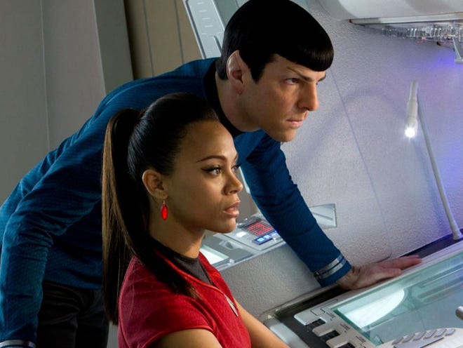 Zoe Saldana and Zachary Quinto star in "Star Trek Into Darkness." (PARAMOUNT PICTURES)