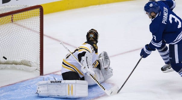 Toronto's Dion Phaneuf puts one past Boston goalie Tuuka Rask during the third period of Sunday night's game. For the second game in a row, the Bruins failed to close out the series.