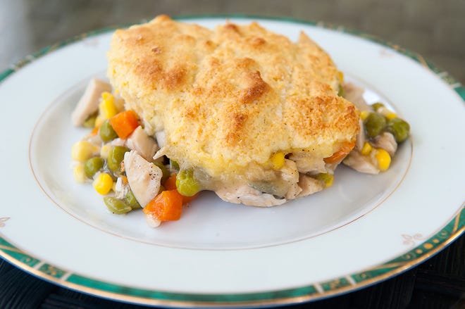 Corn bread-topped chicken and vegetable cobbler