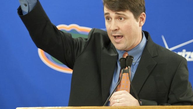 Will Muschamp, here speaking to the media on Dec. 14, 2010, after he was introduced as Florida’s new coach, is having fun on a Gators booster event tour that continues Tuesday in Jacksonville. UF finished 11-2 last season after going 7-6 in Muschamp’s first year in charge. ‘I feel a little more at ease this year because I have a little more confidence in our football team right now,’ he said.