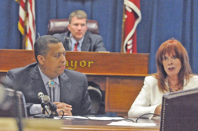 Mashpee Wampanoag Tribal Chairman Cedric Cromwell, Mayor Thomas Hoye Jr. and Attorney Penny Colemen, Chairwoman of the Mashpee Wampanoag Gaming Authority and former legal counsel for the National Indian Gaming Commission and the Department of the Interior, at Tuesday’s City Council meeting where the tribe released new architectural renderings of the proposed Taunton casino.