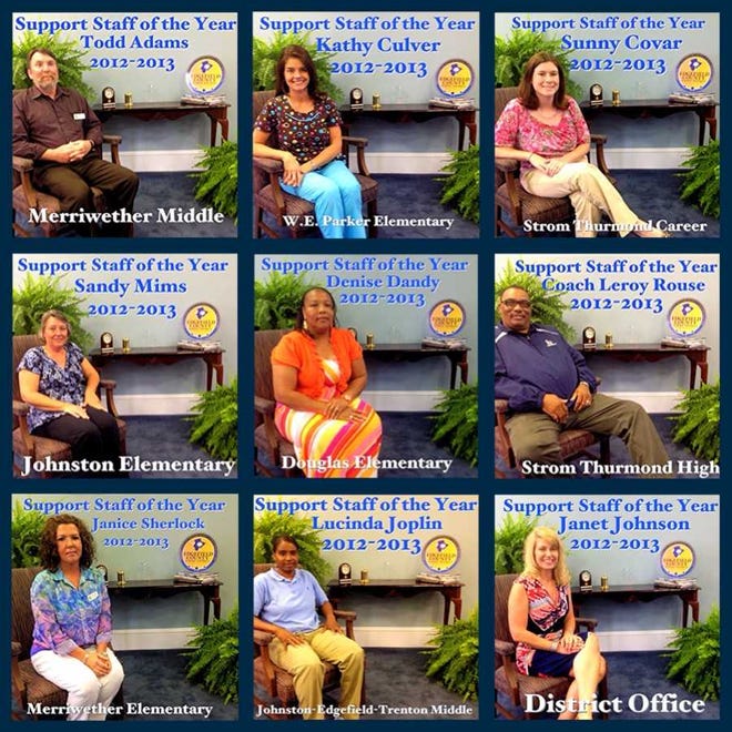 The Support Staff Persons of the Year for Edgefield County School District are: Janice Sherlock, Merriwether Elementary; Sandy Mims, Johnston Elementary; Denise Dandy, Douglas Elementary; Kathy Culver, W.E. Parker Elementary; Lucinda Joplin, Johnston-Edgefield-Trenton Middle; Robert Adams, Merriwether Middle; Leroy Rouse, Strom Thurmond High; Sunny Covar, Strom Thurmond Career Center; and Janet Johnson, District Office. Each will be interviewed by a panel of judges over the summer. The District Support Person of the Year will be announced in September at the annual banquet held in conjunction with the Edgefield County Chamber of Commerce. SPECIAL
