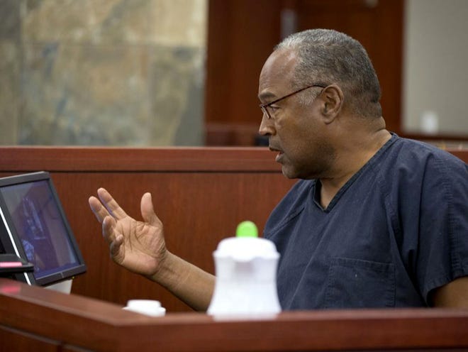 O.J. Simpson comments on video evidence as he testifies during an evidentiary hearing in Clark County District Court on Wednesday in Las Vegas. Simpson, who is currently serving a nine- to 33-year sentence in state prison as a result of his October 2008 conviction for armed robbery and kidnapping charges, is using a writ of habeas corpus to seek a new trial, claiming he had such bad representation that his conviction should be reversed.
(JULIE JACOBSON | THE ASSOCIATED PRESS)