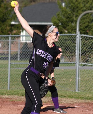 Little Falls pitcher Amy Hart winds up during a game this season, a very good one so far for the Class C Mounties who were 16-1 through Tuesday but have a packed schedule leading to the Section III playoffs.