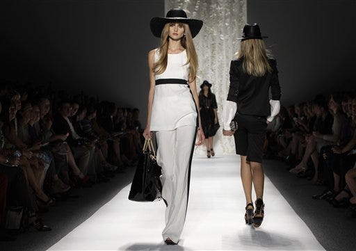 A model wears an outfit during Rachel Zoe's spring 2013 show in New York. AP