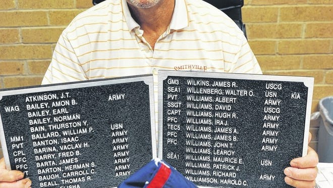Smithville Mayor Mark Bunte holds two of the many plaques that are part of the Veterans Memorial Park that will be dedicated on May 27, Memorial Day.