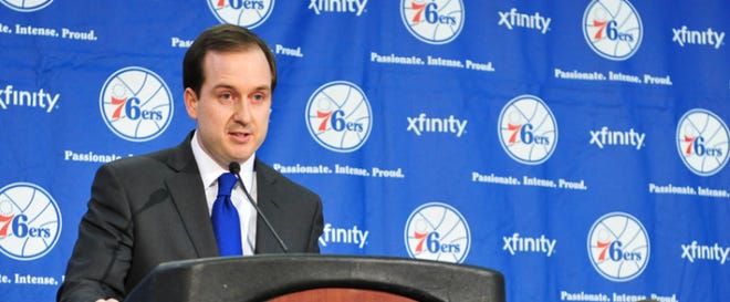 Sixers president/GM Sam Hinkie answers a question during Tuesday's news conference.