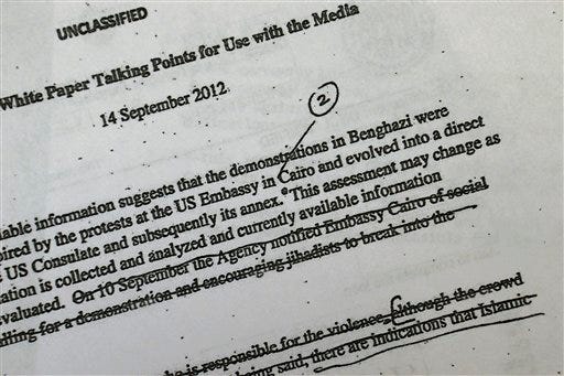 A portion of a page of emails that the White House released Wednesday, May 15, 2013, that document how the Obama administration crafted its public talking points immediately following the Sept. 11, 2012, deadly attack on a U.S. diplomatic post in Benghazi, Libya, is seen at the White House in Washington. (AP Photo/Jacquelyn Martin)