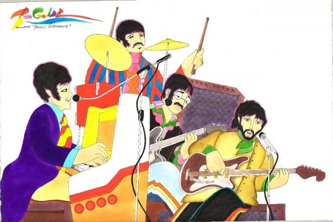 "Yellow Submarine" animator Ron Campbell illustrates the Beatles performing "Hey Jude"