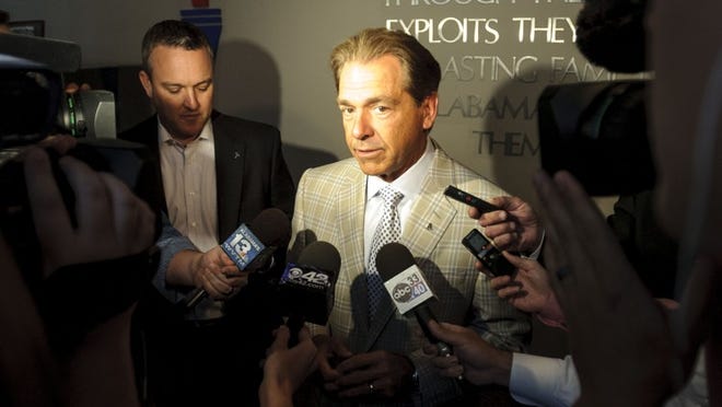 Alabama coach Nick Saban speaks with the media at at the Alabama Sports Hall of Fame media luncheon, Friday, May 17, 2013, at the Alabama Sports Hall of Fame Museum in Birmingham, Ala. Saban heads the latest class scheduled for induction this weekend into the state's sports hall of fame. (AP Photo/Alabama Media Group, Vasha Hunt) MAGS OUT