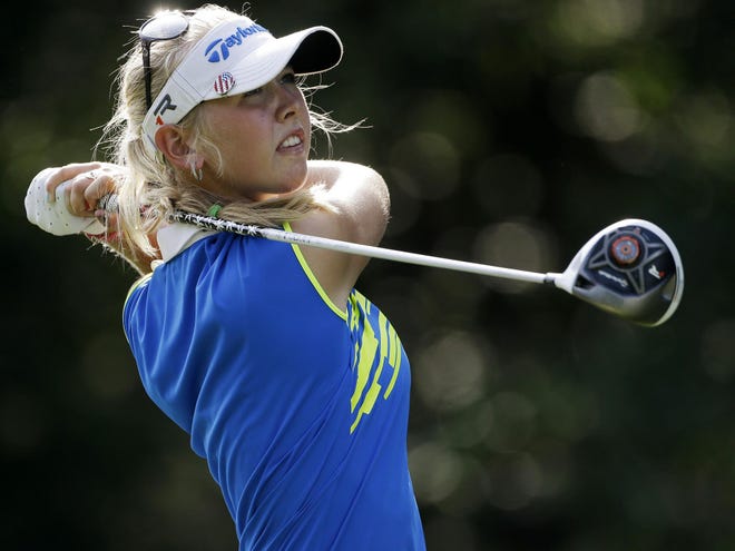 Jessica Korda watches her drive from the 16th tee during the second round in the Mobile Bay LPGA Classic golf tournament at the Robert Trent Jones Golf Trail at Magnolia Grove in Mobile, Ala., Friday.