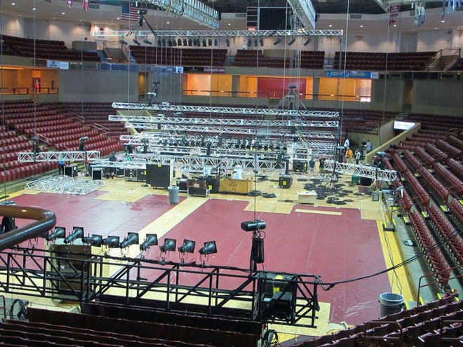 Crews from the Spoleto Festival USA transform the TD Arena at the College of Charleston in Charleston, S.C., into a performing space for the festival, opening Friday.
