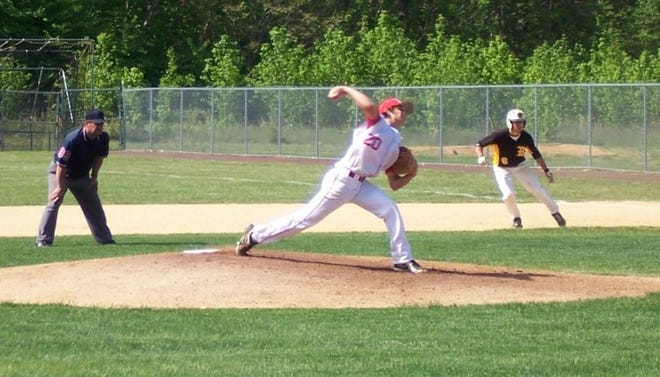 Rancocas Valley pitcher Steve Stevenson is about to release a pitch as Bordentown's Austin Chaszar leads off first during first-inning action at Friday's Burlington County Scholastic League Tournament quarterfinal game. Rancocas Valley won the game, 6-5, in 11 innings.