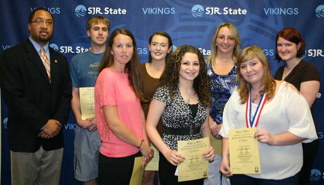 SJR State Provost Greg McLeod, Ph.D., far left, recognized St. Augustine campus students for the Who's Who Among Students in American Universities and Colleges. First row, from left: Summer Goldman, Carol Asfoura and Jessica Brown. Second row: Chris Harrington, Catherine Hudson, Jean Murray and Olivia Roberts. Contributed photo.