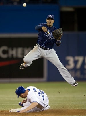 Tampa Bay shortstop  Yunel Escobar turns a double play over Toronto's Adam Lind during the eighth inning.
(FRANK GUNN | THE CANADIAN PRESS)