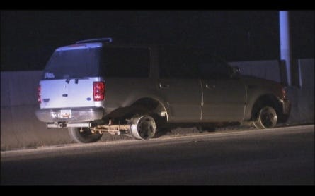 (Photo by Vernard Albright/WSOC-TV) A four-county chase that ended in Mecklenburg County landed a man in Gaston County Jail. Police used stop sticks to flatten the tires of this 1997 Ford Expedition that police said was being driven by Daniel Lozano Jr.