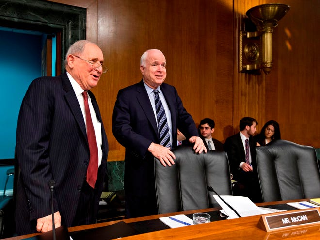 Senate Homeland Security and Governmental Affairs Permanent subcommittee on Investigations Chairman Sen. Carl Levin, D-Mich., left, and the subcommittee's ranking Republican Sen. John McCain, R-Ariz., arrive on Capitol Hill in Washington, Tuesday for the subcommittee's hearing to examine the methods employed by multinational corporations to shift profits offshore and how such activities are affected by the Internal Revenue Code. A string of unrelated events are highlighting divisions among Republicans, just when they’d like to show a united front and take full advantage of President Barack Obama’s latest political problems. (AP Photo/J. Scott Applewhite)