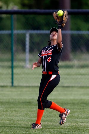 Freeport's Lexi McCabe makes a catch Tuesday, May 21, 2013, against Belvidere at Sportscore One in Rockford.