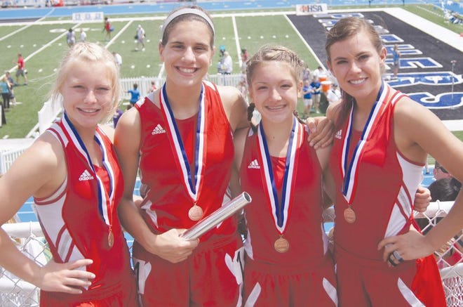 The Morton 4x100 relay team set a school record Friday with a time of 49.65 seconds to qualify for the finals at the Illinois High School Association Class 2A girls track and field state meet at O'Brien Stadium in Charleston. From left, senior Brittany Stamm, senior Chelsea Gilles, freshman Savina Fischer and sophomore Taylor Wright broke the 26-year-old mark of :49.9. The next day, the quartet earned eighth-place state medals.
