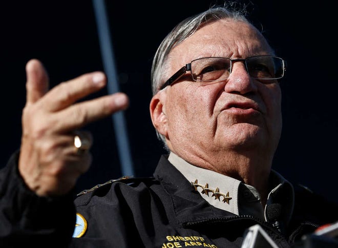 FILE-This Jan.9,2013 file photo shows Maricopa County Sheriff Joe Arpaio speaking with the media in Phoenix. Authorities say law officers in Arizona have intercepted an explosive device that was earmarked for Arpaio. (AP Photo/Ross D. Franklin,File)