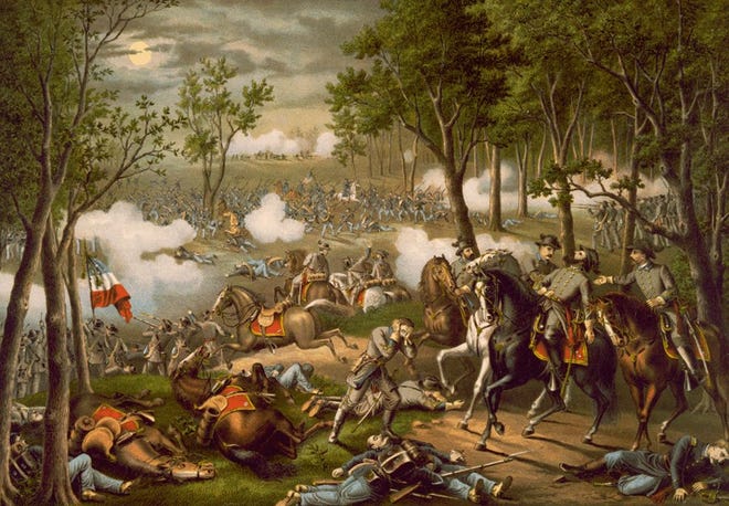 This 1889 artwork depicts the Battle of Chancellorsville, which began May 3, 1863. It was among the many battles of the 16th Michigan Volunteers.