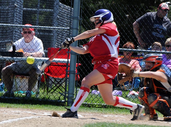Hudson's Kara Knights connects for a single during the Hawks' 2-0 win over Marlborough on Monday afternoon.