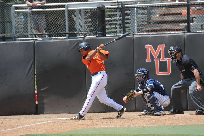 Mercer left fielder Logan Gaines swings at a pitch versus East Tennessee St. May 12 at Claude Smith Field in Macon, Georgia. Gaines, an Augusta native, is the cleanup hitter for the Mercer Bears.