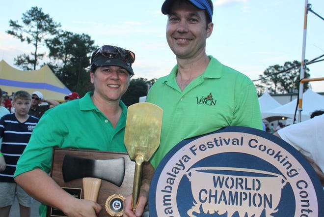 Scott Duplechein wins the title of World Champion, with his wife Kellie as helper, during the 46th annual Jambalaya Festival on Sunday, May 26.