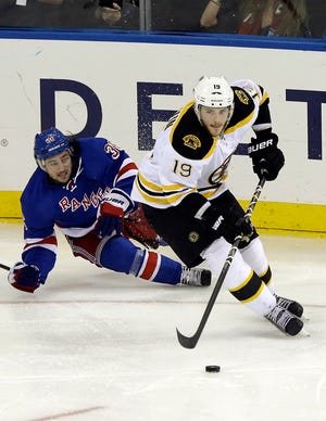 Tyler Seguin skates away from the Rangers' Mats Zuccarello during the third period in Game 4 of the Eastern Conference semifinals in New York last Thursday. As the Bruins enter the Eastern Conference finals against the Penguins, Seguin has scored just one goal in the Bruins' 12 playoff games.