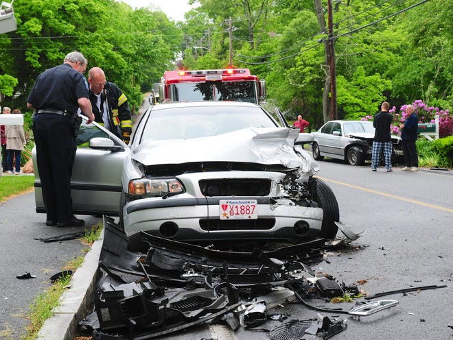 The woman who was driving this car, a 2004 Volvo, was injured in a head-on collision on Forest Avenue in Cohasset on Wednesday, May 29, 2013.