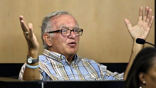 Dennis DeMartin testifies about his memory in court on April 29. John Goodman’s defense team accused the 69-year-old retired Delray Beach retiree of lying his way onto the jury. (Lannis Waters/The Palm Beach Post)